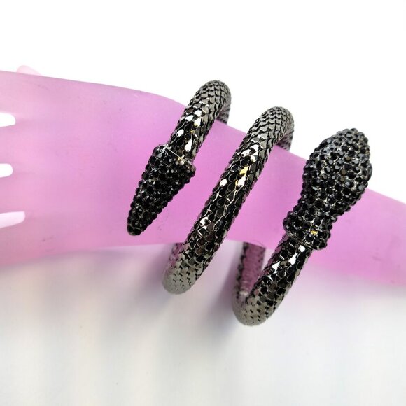 Vintage Mesh Black Rhinestone 3 Coil Serpent SIlver Snake Bracelet - Picture 9 of 12